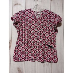 White Cross Scrub Top Ladies Large Pink Black Snowflake